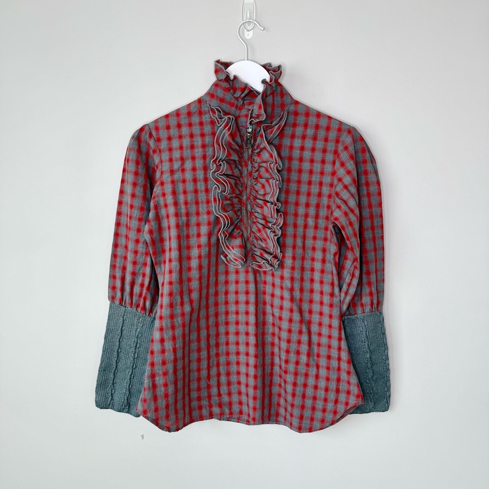 Billy Reid Red and Gray Checkered Blouse